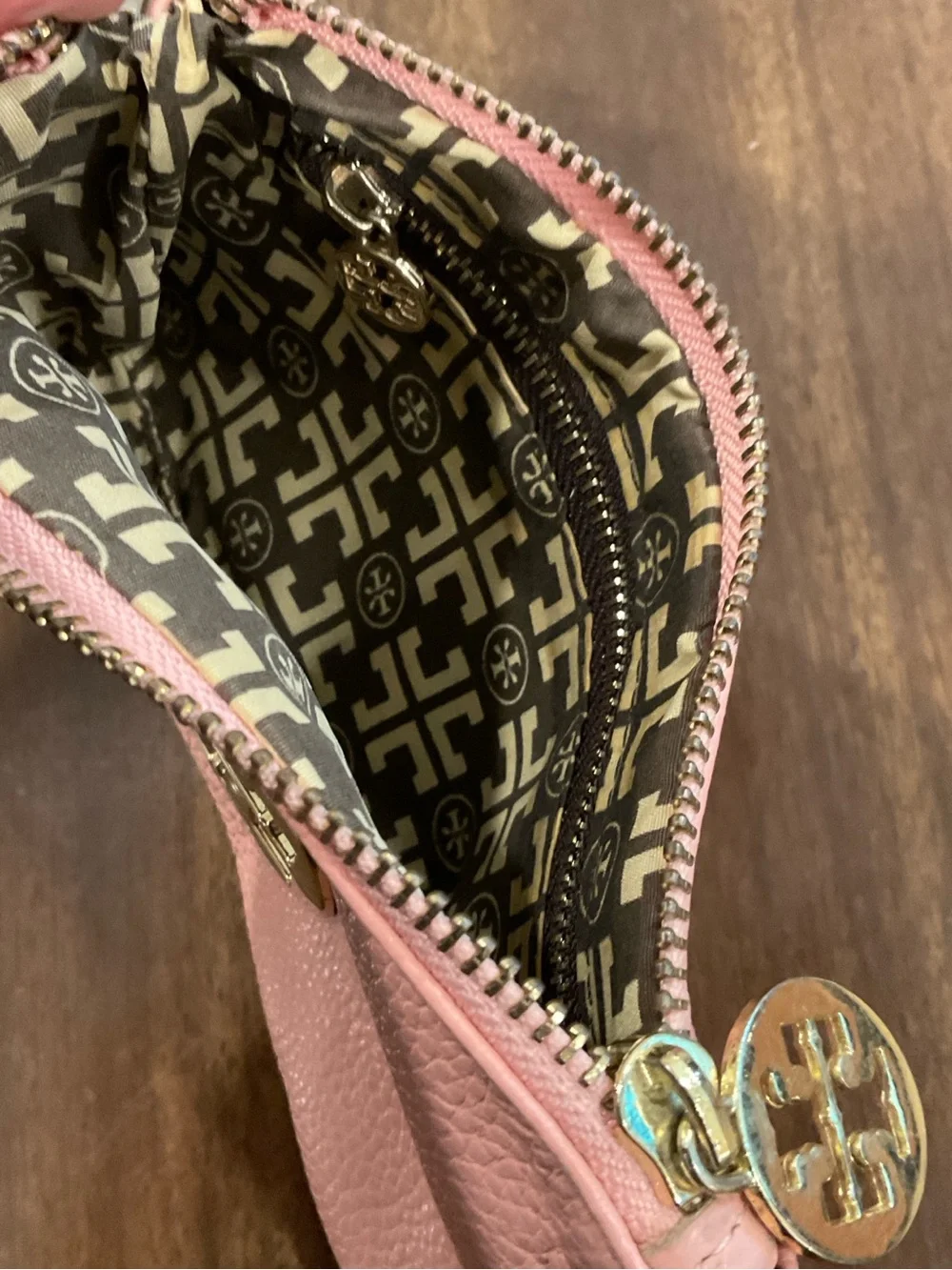 Tory Burch Pink Leather Wristlet with Gold Logo and Chain coin purse